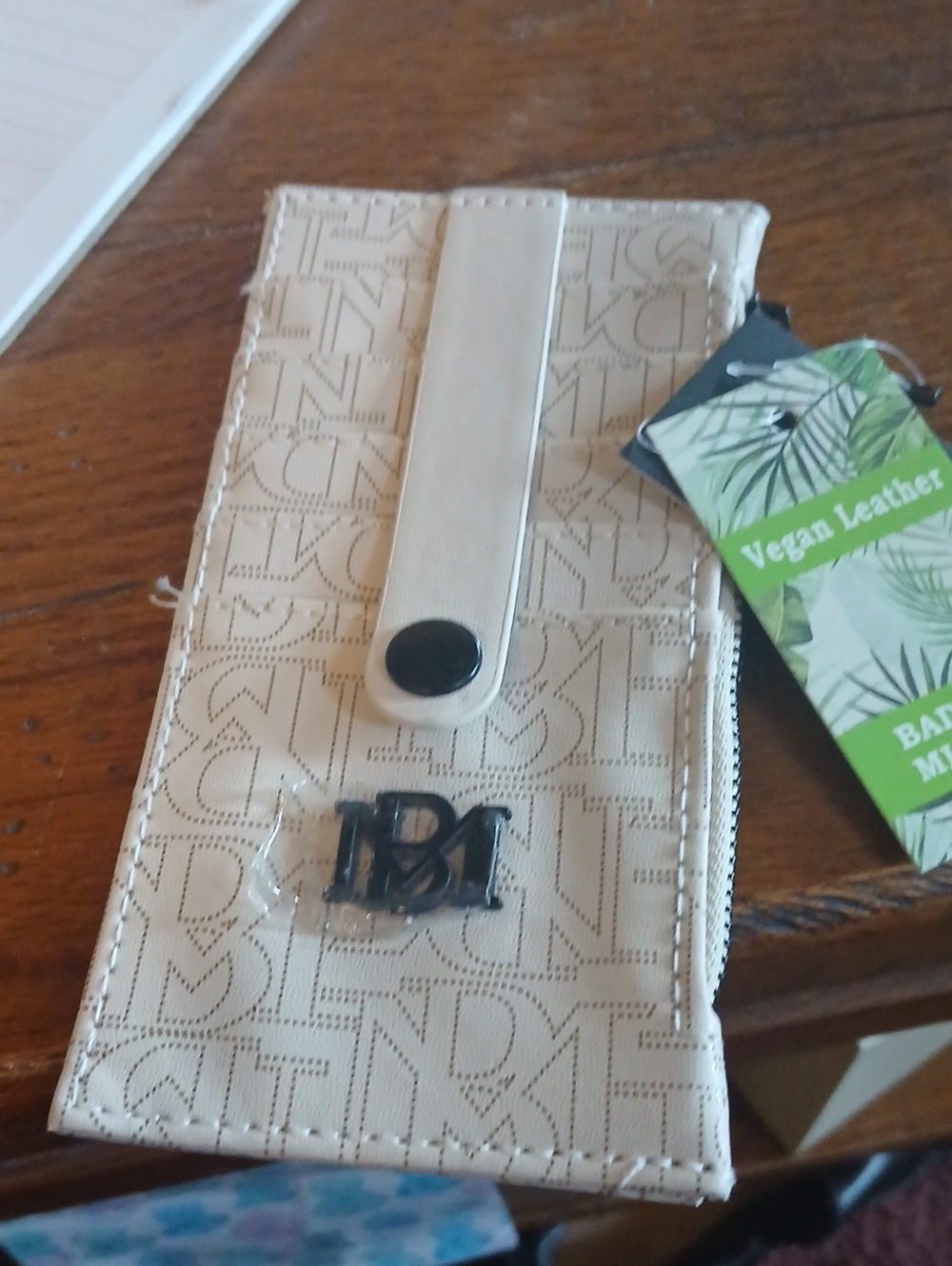 BADGLEY MISCHKA Beige Vegan Leather Card & Key Holder with Snap Strap